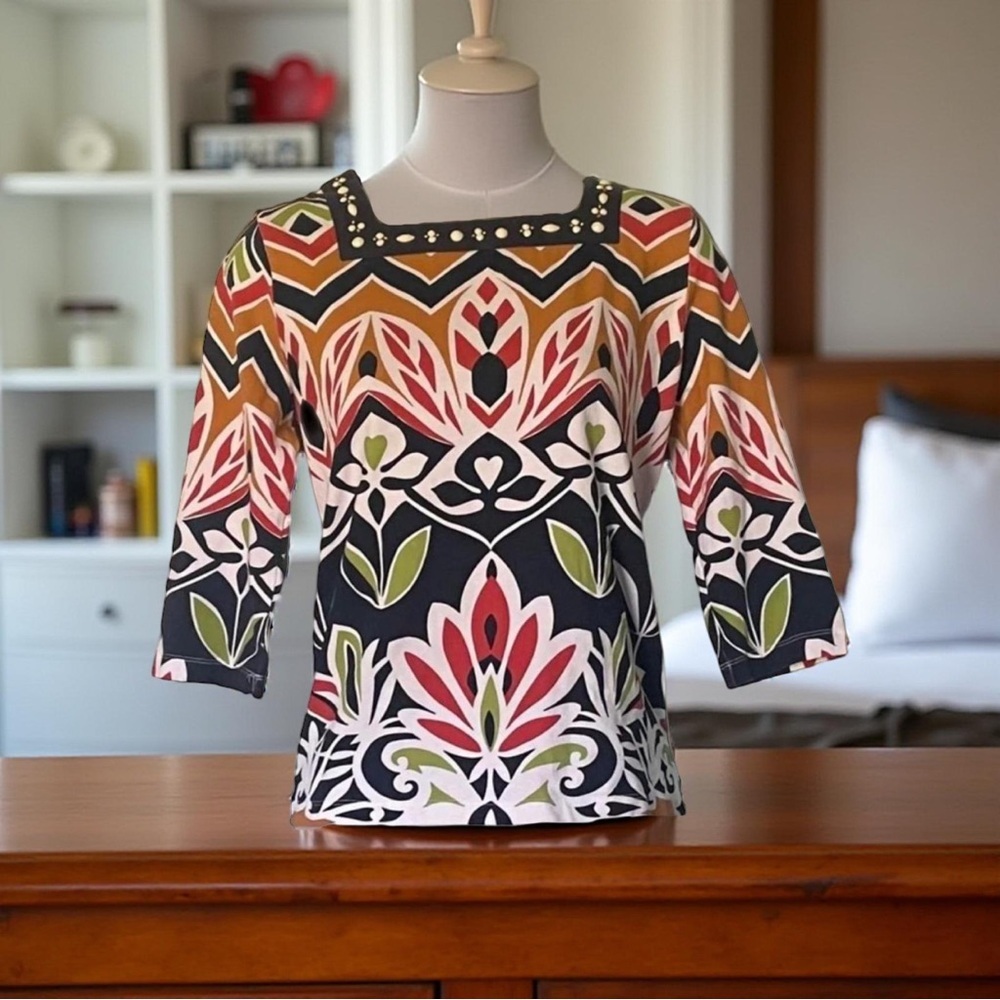 Navy White Knit Beaded Square Neck Floral Print Blouse Cottagecore ¾ Sleeve